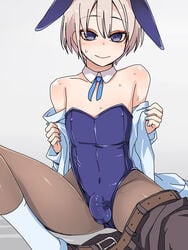 1boy androgynous balls_in_bunnysuit bowtie bulge bunny_boy bunny_ears detached_collar femboy girly kinta_(pixiv13253890) looking_at_viewer male male_only pantyhose penis penis_in_bunnysuit penis_under_clothes sweat trap