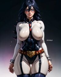 1girls ai_generated big_breasts blue_eyes blue_hair female female_only fr34ky long_hair looking_at_viewer midnight_(my_hero_academia) my_hero_academia nipples_visible_through_clothing thick_thighs thighs