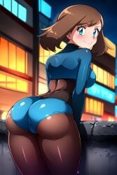 ai_generated arms_at_sides ass_focus big_ass blue_eyes blush bodysuit brown_hair busty city creatures_(company) curvy female female female_only from_behind game_freak hi_res highres looking_back may_(pokemon) night nintendo pokemon pokemon_(game) pokemon_rse pokemon_trainer seraphim_ai smile solo spandex spandex_suit stable_diffusion tights