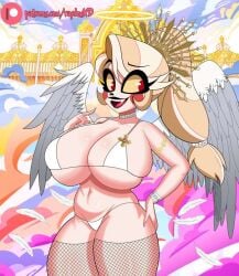 1girls angel angel_wings asscheeks bikini breasts_bigger_than_head charlie_morningstar_(hazbin_hotel) choker crown fishnet_legwear fishnet_thighhighs hazbin_hotel huge_ass huge_breasts huge_nipples massive_ass raydonxd red_eyes solo thick_thighs wings yellow_sclera