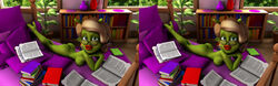 1girls 3d alien alien_girl artist_name back_view bare_shoulders barefoot beauty_mark bed big_breasts book busty butt_crack curvy day detailed_background erect_nipple erect_nipples eyelashes female female_only glasses green_eyes green_skin hourglass_figure humanoid indoors inside kondaspeter lipstick looking_at_viewer lying makeup marilyn_(planet_51) mole naked nude pillow planet_51 pose posing red_lipstick room shadow shiny shiny_skin sideboob solo stereogram text thick_lips tree voluptuous white_hair wide_hips