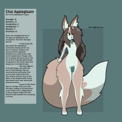 1:1 absurd_res anthro antlers brown_body brown_fur brown_hair canid canine chai_(starrydraco) collar collar_tag cross-eyed digital_media_(artwork) english_text flat_chested fur genitals girly hair hi_res horn long_ears long_hair long_tail male male_only mammal mint_fur model_sheet nude penis shaded simple_background simple_shading solo starrydraco stats tail text therrigon thick_thighs tongue tongue_out wide_hips wings