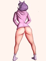 ass big_ass borealheart calves cat_ears clothed clothing female girl glutes hoodie huge_ass pink_hoodie purple_hair pussy solo teasing thighs vagina