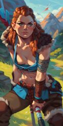 ai_generated aloy breasts determined green_eyes horizon_forbidden_west horizon_zero_dawn nipple_slip oversized_clothes red_hair unbothered