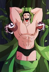 arms_behind_head black_hair gay golden_kamuy licking licking_armpit licking_armpits male_tickling muscular no_visible_genitalia plants restrained revealyoursins sweating tanigaki_genjirou tears tickle_fetish tickle_torture tickling tickling_armpits underwear_only vines