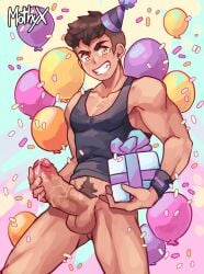 artist_name balloon big_penis birthday birthday_gift birthday_hat confetti erection frieddough grin looking_at_viewer male_only mothyx muscles original_character precum pubes solo_male source_request tank_top