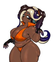 bbw bikini bra dark-skinned_female fat female fingerless_gloves headphones large_breasts marina_(splatoon) nintendo octoling splatoon splatoon_2 splatoon_3:_side_order tentacle_hair thick_thighs underwear uwan_01