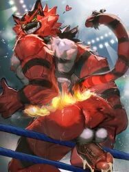 abs absurd_res anthro anus ass backsack balls biceps bodily_fluids cum_dripping_from_penis erection fighting_ring generation_7_pokemon genitals green_eyes grin hand_on_butt hand_on_own_butt hi_res humanoid_genitalia humanoid_penis incineroar looking_back low-angle_view male muscular muscular_male nintendo nude pecs penis penis_backwards pokemon pokemon_(species) presenting presenting_anus raised_tail rear_view satogaku sketch smile solo spread_butt spreading standing sweat tail three-quarter_view