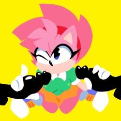 1girls 2boys 2boys1girl amy_rose black_body classic_amy_rose female green_shirt hands_on_cock hands_on_penis jjoyplus kissing_penis_tip looking_at_another looking_up on_knees one_eye_closed orange_skirt pink_body red_headband sonic_(series) sonic_cd sonic_the_hedgehog_(series) viewed_from_above