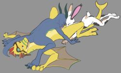 adine_(awsw) ambiguous_gender anthro anthro_on_anthro blue_scales claws closed_eyes cunnilingus dragon eyewear female female/ambiguous fur glasses goggles goggles_on_head grey_background group group_sex interspecies kobold lagomorph licking lying mammal membranous_wings nude on_back open_mouth oral pussy rabbit red_eyes reptile scales scalie sex sharp_teeth simple_background soles spots teeth threesome tongue tongue_out vaginal_penetration w4g4 white_fur winged_arms wings yellow_scales