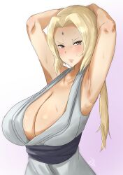 1girls armpit armpits big_breasts blonde_hair blush breast_focus breasts brown_eyes cleavage dizuitplus female female_only forehead_jewel hair hands_behind_head huge_breasts large_breasts lips mature mature_female mature_woman milf naruto naruto_(series) ponytail solo solo_female sweat sweatdrop tsunade upper_body