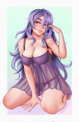 1girls alternate_hairstyle black_panties breasts camilla_(fire_emblem) female female_only fire_emblem fire_emblem_fates jackary_draws kneeling large_breasts nightgown nintendo panties purple_eyes purple_hair see-through smile solo underwear very_long_hair