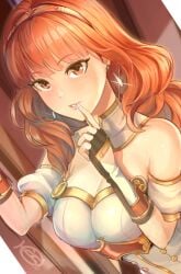 1girls breasts celica_(fire_emblem) cleavage earrings female female_only fire_emblem fire_emblem_echoes:_shadows_of_valentia highres large_breasts light-skinned_female light_skin long_hair nail_polish nintendo orange_hair revolverwingstudios silver_nails solo white_nails