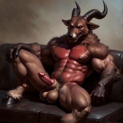 ai_generated canine claws couch demon fox fox_demon hooves horns hybrid knot male muscular_male realistic red_skin solo_male