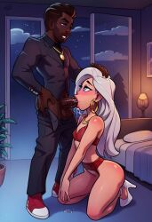 ai_generated androgynous blue_eyes dark-skinned_male fellatio femboy high_heels karra silver_hair sucking_penis trap