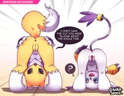 2girls :3 ? age_regression anthro anus ass ass_up bent_over black_nose blue_eyes claws digimon duo english_text female female_only furry gatomon looking_through_legs nude plump_labia presenting presenting_pussy pussy rear_view renamon skajrzombie text