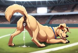 1girls ai_generated anus brown_eyes canine college cum cum_in_pussy domestic_dog female feral football golden_retriever marissathecollegetherapydog_(barkpark606) pussy solo stadium