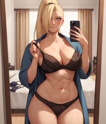 1girls abs ai_generated alex-schura bathrobe big_breasts blonde_hair blue_eyes blush bodily_fluids boruto:_naruto_next_generations bra bra_strap_pull breasts busty cellphone cleavage embarrassed female female_only female_pov front_view genital_fluids holding_object hoodie hourglass_figure huge_breasts ino_yamanaka light-skinned_female light_skin lingerie lingerie_bra lingerie_panties looking_at_mirror looking_at_self looking_at_viewer mature mature_female midriff milf mirror mirror_reflection mirror_selfie nai_diffusion naruto naruto_(series) open_robe oppai panties ponytail pov pussy_juice_drip revealing_clothes robe selfie shy sigh skimpy skimpy_clothes sleepwear stable_diffusion standing sweat sweatdrop taking_selfie tied_hair toned toned_female very_long_hair voluptuous wavy_hair wet wet_pussy