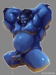 1boy alternate_muscle_size arms_behind_head ass_visible_through_thighs bara beard beast_(x-men) belly blue_hair blue_skin boner colored_skin completely_nude cropped_legs erection facial_hair fat fat_man full_beard glasses hank_mccoy highres large_pectorals lolmonster looking_to_the_side male_focus male_only marvel mature_male monster_boy muscular muscular_male nipples nude pectorals penis solo solo_male spread_legs stomach the_last_envoy thick_beard thick_thighs thighs tusks uncensored x-men