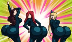 3girls axel-rosered big_breasts big_butt blonde_hair bodysuit brown_hair bubble_butt butt butt_shake cana_alberona dat_ass erza_scarlet fairy_tail female female_only gigantic_butt huge_butt jiggle_butt_gang large_breasts looking_at_viewer lucy_heartfilia red_hair skintight spandex twerking