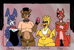 anthro avian balls bear bird bonnie_(fnaf) breasts canid canine chica_(fnaf) chicka chicken female five_nights_at_freddy's fox foxy_(fnaf) freddy_(fnaf) galliform gallus_(genus) genitals group gynomorph intersex lagomorph leporid mammal necktie nipples overweight overweight_female penis phasianid pussy rabbit scottgames slightly_chubby slightly_chubby_female supereft_(artist)