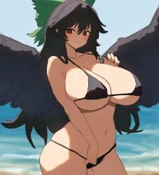 1girls 2d bare_shoulders beach belly belly_button big_breasts bikini bikini_only black_hair breasts cleavage crow female hair_ribbon hips humanoid long_hair looking_at_viewer moriforest1040 okuu outdoors raven red_eyes smile solo source swimsuit swimsuit_only swimwear touhou utsuho_reiuji wide_hips wings