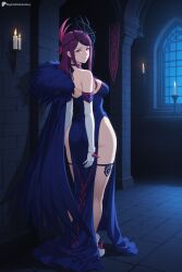 1girl ai_generated ass bare_shoulders blue_dress breasts candle digitalwaifugallery dress elbow_gloves fire_emblem fishnet_thighhighs fishnets from_behind full_body fur_trim gloves hair_ornament hi_res high_heels high_quality high_resolution indoors ivy_(fire_emblem) jewelry large_breasts long_dress long_hair looking_at_viewer looking_back mole mole_under_mouth patreon pelvic_curtain purple_eyes purple_hair seductive sexy side_slit solo standing thighhighs thighs uncensored watermark white_gloves