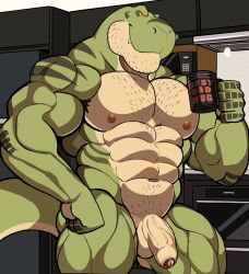 absurd_res anthro areola balls biped countershade_face countershade_tail countershade_torso countershading darknaigart dinosaur english_text fingers foreskin genitals green_body hi_res holding_object humanoid_genitalia humanoid_penis jace_(darknaig) male_only muscular muscular_anthro muscular_male nipples pecs penis reptile scalie solo tail text theropod tyrannosaurid tyrannosauroid tyrannosaurus tyrannosaurus_rex vein veiny_penis