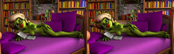 1girls 3d alien alien_girl artist_name bare_shoulders barefoot beauty_mark bed big_breasts book busty curvy day detailed_background erect_nipple erect_nipples eyelashes female female_only front_view glasses green_eyes green_skin holding_object hourglass_figure humanoid indoors inside kondaspeter lipstick looking_at_viewer lying makeup marilyn_(planet_51) mole naked nude pillow planet_51 pose posing red_lipstick room shadow shiny shiny_skin solo stereogram text thick_lips tree voluptuous white_hair wide_hips