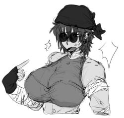 angry_face bandaged_arm bandaged_neck belly_button big_breasts breasts circular_glasses drawing ear_piercing genderswap_(mtf) gloves gray_hair gray_skin madness_combat pointing_at_self rule_63 sanford_(madness_combat) sleeveless source_request unknown_artist upper_body