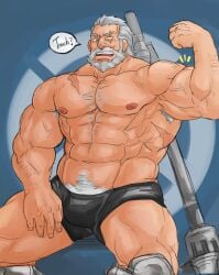 1boy activision bara beard blizzard_entertainment bulge daddy glensaru male male_nipples male_only male_pubic_hair mature_male muscular_male nipples overwatch overwatch_2 reinhardt scar underwear white_beard white_hair