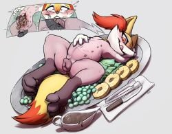 animal_genitalia animal_pussy anthro anus blood blush bodily_fluids braixen canid canine canine_genitalia canine_pussy crying disembowelment female female_death fingering food fox fruit fur generation_6_pokemon genital_fluids genitals gore grape guts hand_on_belly hi_res imminent_death imminent_vore inner_ear_fluff intestines knife lettuce licking licking_lips looking_at_viewer lying mammal navel navel_poke nintendo nipples on_back organs pineapple plant plate pokemon pokemon_(species) pussy red_eyes sauce saucer shaking shaved_fur simple_background slowderpyguy solo speech_bubble spread_legs spreading tears tongue tongue_out trembling tuft vaginal_fluids vegetable yellow_body yellow_fur