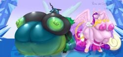 2019 5_fingers absurd_res alicorn anthro areola arthropod belly big_belly big_breasts blues64 breasts changeling dialogue duo english_text equid equine female fingers friendship_is_magic hand_behind_head hasbro hi_res horn huge_belly huge_breasts hyper hyper_belly hyper_breasts lesang mammal morbidly_obese my_little_pony mythological_creature mythological_equine mythology nipples obese overweight princess_cadance_(mlp) queen_chrysalis_(mlp) signature text wings