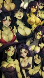 1female 1girl 1girls ai_generated banjo-kazooie big_breasts black_bra black_dress black_hair bra chains childhood_crush clothed clothed_female clothing evil evil_eyes evil_grin evil_smile female female_focus female_only game_over game_over_gruntilda green_skin gruntilda harem_outfit highres jewelry medium_hair red_bra red_eyes seductive seductive_look stolen_beauty transformation villainess voluptuous voluptuous_female white_dress witch witch_hat