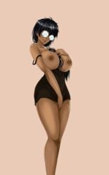 alice alice_(character) areola artist_request big_breasts black_hair blood_bond circle_glasses cute dark-skinned_female dark_areola dark_nipples dark_skin glasses hand_between_legs lingerie long_hair long_hair_female monstershake nipples ponytail smile smooth_skin strap_slip touching_body touching_breast touching_breasts