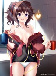 1girls breasts brown_hair cleavage coffee coffee_cup coffee_mug fire fire_heart hanabi_ichijo happy happy_female heart helvetica_std kitchen looking_at_viewer panties purple_hair revealing_breasts scarlet_nexus short_hair thick_thighs thighs underwear white_panties window