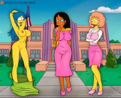 20th_century_fox 20th_century_studios 3girls alukard1991 arms_under_breasts artist_name bedroom_eyes black_hair blue_hair breasts clothing dark-skinned_female dark_skin dress ear_ring female female_only high_heels hourglass_figure human indian indian_female looking_at_another manjula_nahasapeemapetilon marge_simpson maude_flanders multiple_girls newgrounds nipples nude_female open_mouth public_nudity red_hair smile surprised_expression the_simpsons uncensored uncensored_breasts yellow_body yellow_skin