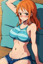 ai_generated annoyed blush clothed female female_only long_hair lover6932 nami nami_(one_piece) one_piece orange_hair outdoors post-timeskip