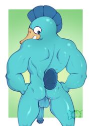 2018 abs anthro ass backsack balls beak biceps big_eyes blue_body candylady circumcised flaccid hand_on_body humanoid_penis ittle_dew_(series) looking_at_viewer looking_back ludosity male mammal monotreme muscular muscular_male nude pecs penis platypus portrait pose rear_view signature simple_background smile solo standing teeth ultra_fishbunjin_3000 vein veiny_penis video_games what