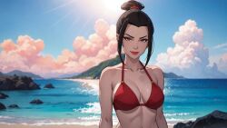 1girls ai_generated avatar_legends avatar_the_last_airbender azula beach big_breasts bikini female fire_nation lxlbanner sea sunny