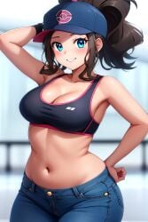 ai_generated baseball_cap belly big_breasts blue_jeans blush busty cleavage creatures_(company) crop_top curvy denim_jeans female female female_only front_view game_freak hi_res highres hilda_(pokemon) jeans navel nintendo pokemon pokemon_(game) pokemon_bw pokemon_trainer posing seraphim_ai smile solo sports_bra stable_diffusion tight_jeans