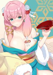 1girls blue_eyes blush breasts cleavage cup earrings fire_emblem fire_emblem_heroes flower fur_trim gunnthra_(fire_emblem) gunnthra_(new_year)_(fire_emblem) hair_flower hair_ornament highres japanese_clothes jewelry kimono large_breasts long_hair nintendo obi parted_lips pink_hair sakazuki sash shiyo_yoyoyo solo