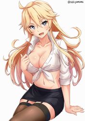 black_skirt blonde_hair blue_eyes cleavage collarbone iowa_(kantai_collection) kantai_collection legwear open_mouth sakiyamama skirt smiling star_eyes stomach white_background white_shirt