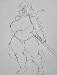 2024 3:4 4_toes anthro areola areola_slip big_breasts bra breasts camel_toe canid canine canis claws clothing crotch_tuft d3_l4_souza domestic_dog feet female genitals hachimitsu hair hair_over_eye holding_object holding_sword holding_weapon long_hair mammal melee_weapon midriff monochrome navel nipple_outline one_eye_obstructed panties pubes pussy scar solo standing sword tail thick_thighs toe_claws toes traditional_media_(artwork) tuft underwear weapon wide_hips