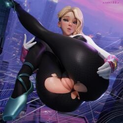 ass ass_focus ballet_shoes big_ass blonde_hair blue_eyes bodysuit cute dyed_hair female female_only flushed flushed_face gap_teeth gwen_stacy jui juicy_butt juicy_pussy light-skinned_female light_skin puffy_pussy ripped_bodysuit ripped_clothing solo solo_focus spider-gwen spider-man:_into_the_spider-verse spider-man_(series) teeth_gap