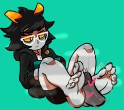 1boy 1girls black_hair censored clothing disembodied_penis footjob glasses grey_skin heart hiveswap horns ms_paint_adventures penis reathroch short_hair smelly_feet steam straight sweaty_feet teal_background troll tyzias_entykk yellow_eyes