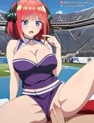 ai_generated anime blue_eyes cheerleader cheerleader_outfit cowgirl_position go-toubun_no_hanayome large_breasts nakano_nino pink_hair quintuplets ranwai sex stable_diffusion vaginal_penetration vaginal_sex