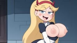 1girls ai_generated big_breasts black_dress breasts breasts_out cats62 dress exposed_breasts female_only maid maid_dress maid_uniform nipples solo solo_female star_butterfly star_vs_the_forces_of_evil tagme