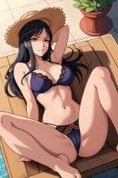 ai_generated barefoot black_hair blue_bikini exe56 female female_only laying_on_back medium_breasts nico_robin one_piece