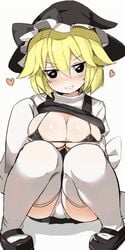 ass bangs big_breasts bikini_top black_bikini_top black_eyes black_footwear black_hat black_skirt blonde_hair blush breasts clothes_lift cookie_(touhou) eyebrows_visible_through_hair female full_body hair_between_eyes hat heart heart-shaped_pupils large_breasts looking_at_viewer marisa_kirisame mary_janes micro_bikini panties pleated_skirt shadow shoes short_hair simple_background sitting skirt sleeves_past_fingers sleeves_past_wrists smile solo symbol-shaped_pupils thighhighs thighs touhou underwear white_legwear white_panties white_underwear witch_hat yuuhi_(cookie)